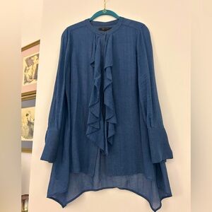 BCBGMaxAzria Blue Ruffled LINEN Blouse